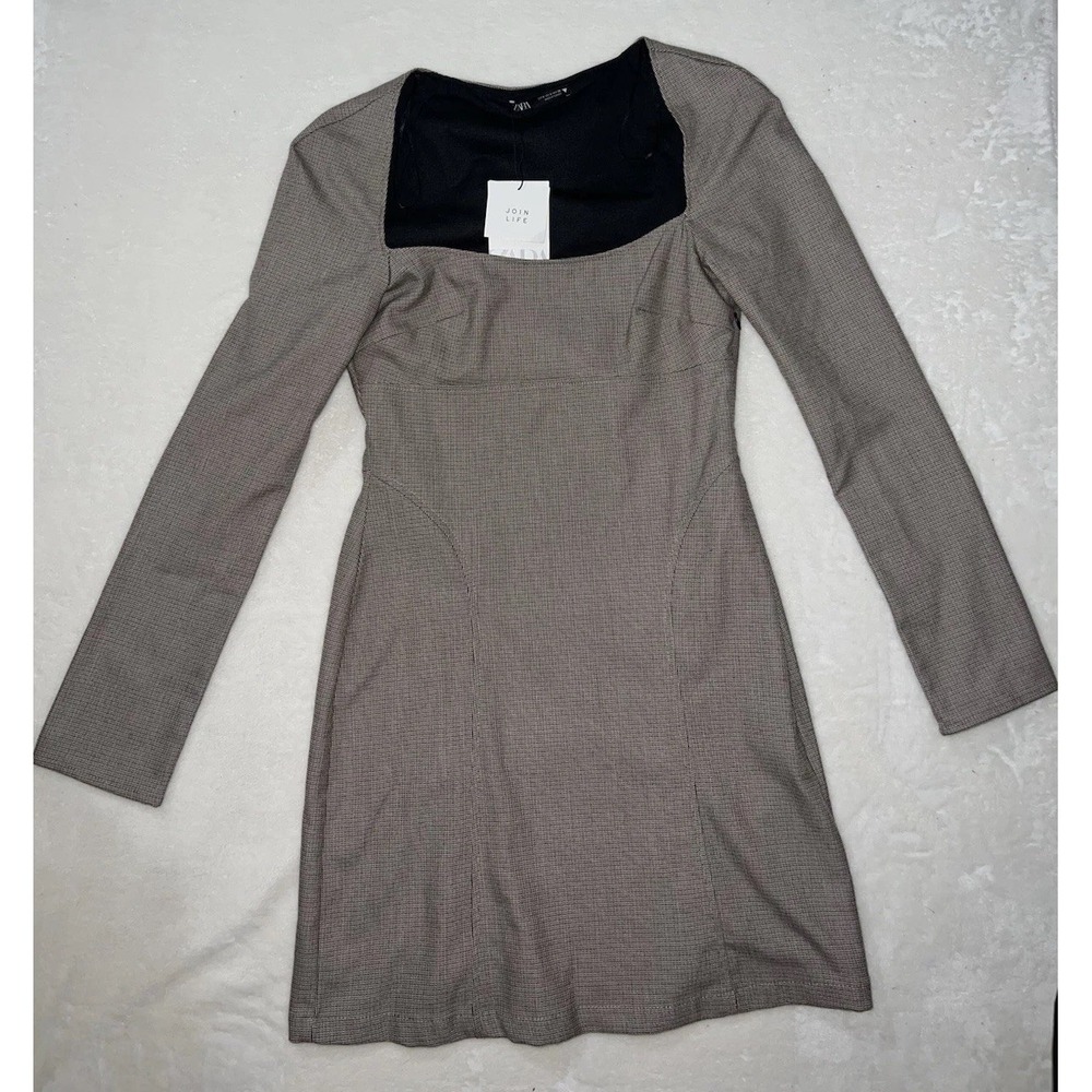 Zara Brown Check Square Neck Long Sleeve Mini Dress 7385/365/700 Mens S‎